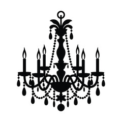 Elegant Chandelier Silhouette with Candles and Hanging Crystals on White