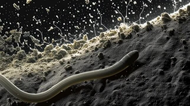 A detailed macro shot of a worm-like organism on a textured, dark surface.