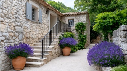 Fototapeta premium Stone house with lavender and white gravel pathway in Provence