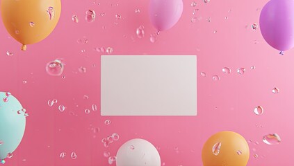 Pastel balloons and bubbles on a pink background with a blank space