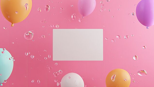 Pastel balloons and bubbles on a pink background with a blank space