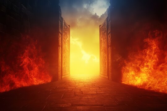 Animation of heaven paradise contrasting with fiery hell, showcasing the eternal choices of salvation and damnation in vivid detail