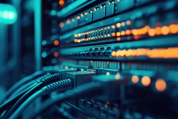Close-up view of server rack network switches in a data center with illuminated LED indicators and connected cables among advanced computing equipment
