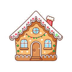 Charming gingerbread house decorated with festive christmas lights and snow