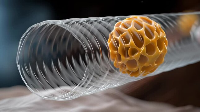 Medical stent with a vibrant cellular structure, illustrated in 3d for medical research.