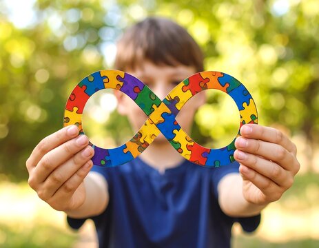 Child holds infinity symbol made of puzzle pieces (1)