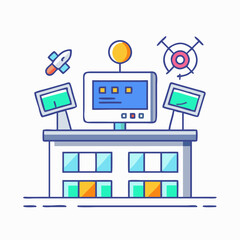 Futuristic control center with computers and space elements