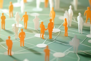 Stakeholder engagement and communication efforts illustrated through interconnected figures on a network map representing relationships and collaboration