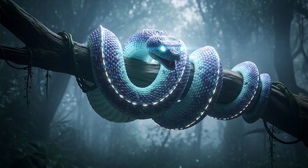Blue Snake Coiled on Branch in Forest