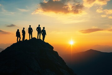 Fototapeta premium Silhouettes of business professionals standing on a rocky peak at sunset, overlooking a sprawling landscape during a moment of reflection and decision-making