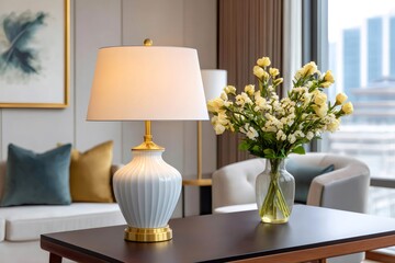 Elegant white table lamp illuminating cozy living room with flowers
