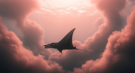 Manta Ray in Clouds, Dreamlike Underwater Scene