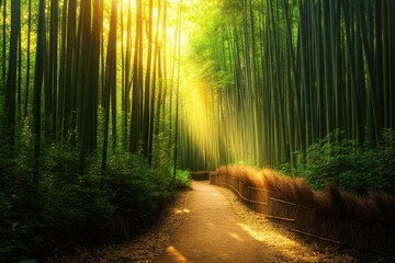 Mystical bamboo forest path illuminated by golden light creates an enchanting atmosphere for wandering and exploration in nature