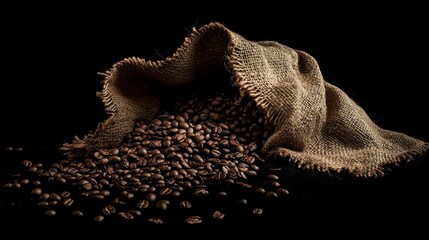 Fototapeta premium Roasted Coffee Beans Spilling from Burlap Sack