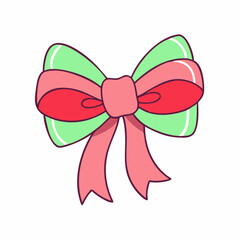 Festive red pink and green bow with elegant ribbon tails