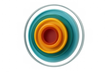 Vibrant orange, yellow, teal concentric circles creating geometric target pattern on transparent backdrop