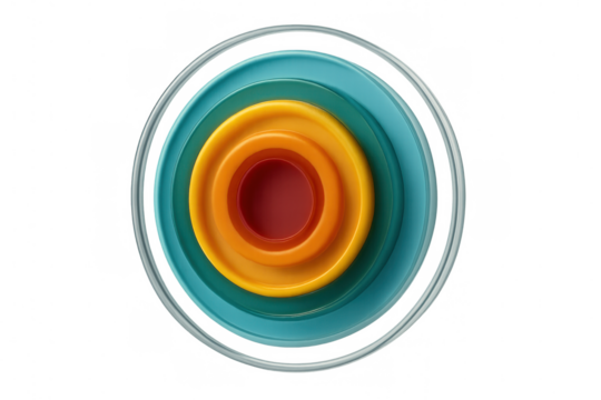 Vibrant orange, yellow, teal concentric circles creating geometric target pattern on transparent backdrop