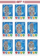 Set of playing cards with warships. View from above. Isolated on white background. Vector illustration.