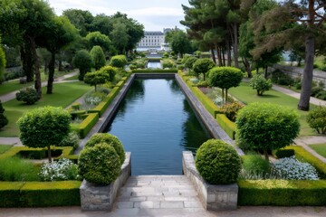 Lush green manicured formal garden with topiary, reflecting pool and lake view