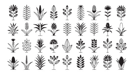 Collection of stylized plant and crop icons in a minimalist black and white silhouette style
