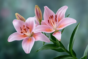 Fototapeta premium Two pink lilies blooming with water drops on petals