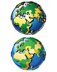 Two Colorful Cartoon Earth Globes Green Yellow Blue World Map Illustration vector