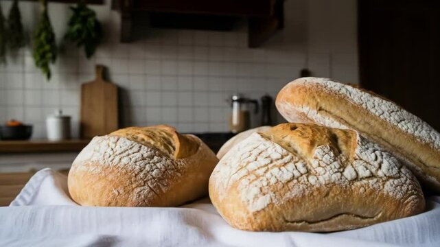 Close up view of fresh artisanal bread with rustic kitchen background natural light
