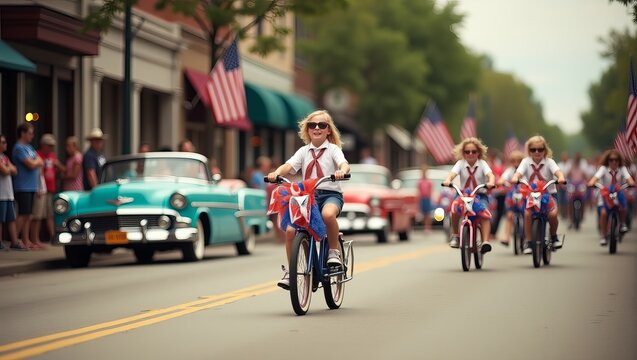 Retro-style Fourth of July small-town parade with flags, kids, vintage outfits, and joyful faces, recreating classic Americana with heartfelt celebration