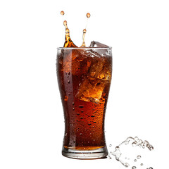 A glass of dark cola with ice cubes and a dynamic splash isolated on a transparent background png