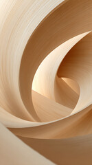 Smooth curved beige wooden layers form a seamless spiral abstract structure with fine grain texture and natural tones in a dynamic swirling composition