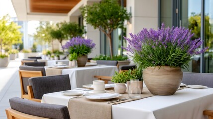 Obraz premium Lavender decorating outdoor tables in a modern restaurant