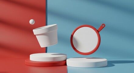 Pot holder mockup rendered to appear floating slightly above a tricolor podium