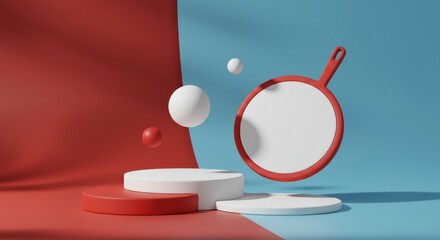 Pot holder mockup rendered to appear floating slightly above a tricolor podium