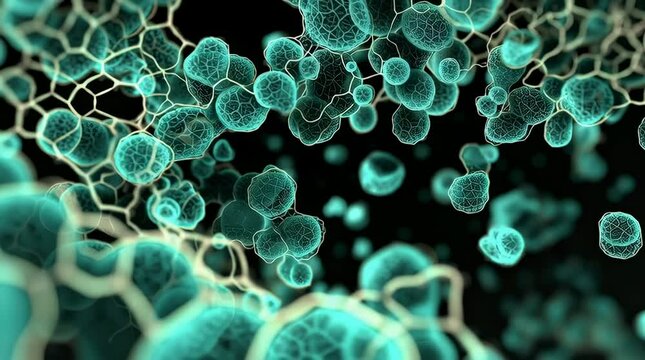 Detailed microscopic view of cells and network structures, ideal for science and research.