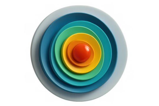 Rainbow gradient circular shapes forming a layered target with a bright red center, isolated on a transparent background - Powered by Adobe