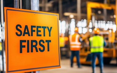 Bold “SAFETY FIRST” sign inside an industrial warehouse with blurred workers in the background.