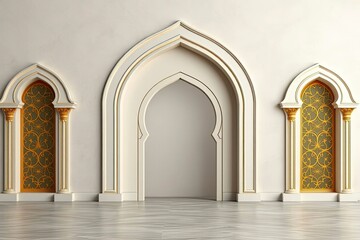 Fototapeta premium Three arched portals stand on a marble floor against a beige wall The two outer portals have intricate gold screens while the central portal is an open archway