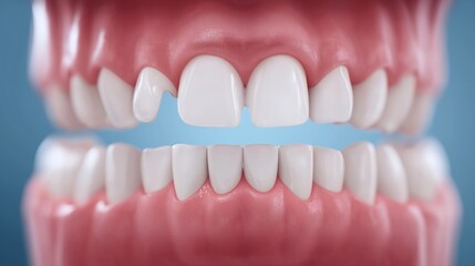 Fototapeta premium Human teeth with a chip, illustrating dental issues, oral hygiene, and potential need for cosmetic dentistry or dental repair.