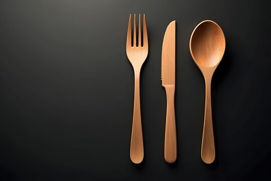Elegant Copper Cutlery Set on Black Background &ndash; Fork, Knife and Spoon Flatlay