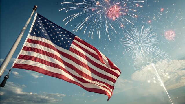American flag waving against a backdrop of colorful fireworks in a clear blue sky