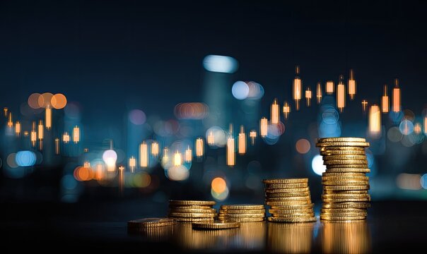 Stacks of gold coins against a city skyline