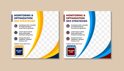 SEO expert marketing services social media post banner template. monitoring and optimization seo strategy banners design on square layout. blue and yellow elements isolated on white background.