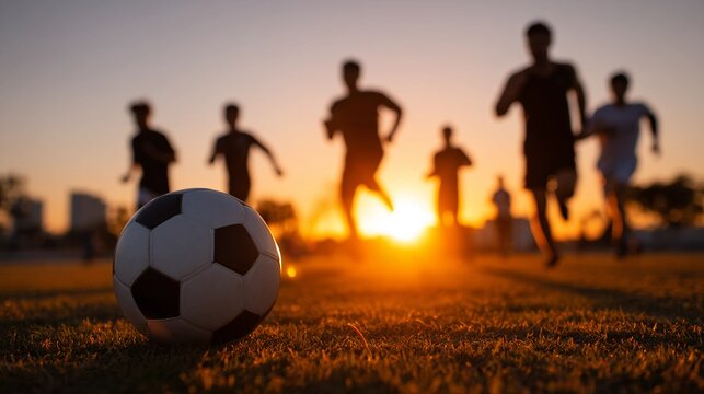 Soccer ball on grass field with silhouettes of runners at sunset