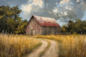 Rustic barn surrounded by tall grasses under a partly cloudy sky showcases serene village life in an idyllic setting