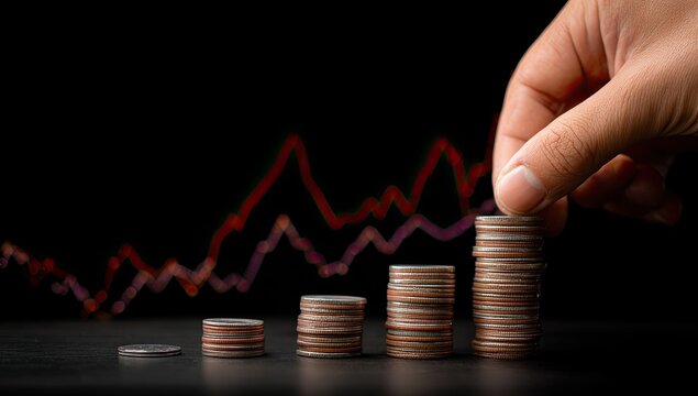 Hand placing coins on a stack, over a fluctuating stock market graph