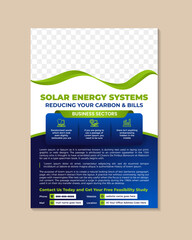 solar energy flyer design template. energy services poster, leaflet design. Combination of green and blue gradient colors. space for photo and infographic elements on white background