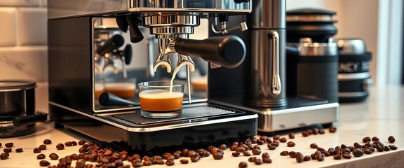 Espresso machine, steaming milk, coffee beans scattered on counter,  drink,  occupation