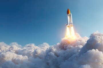 Obraz premium Rocket launch through clouds