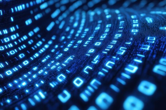 Digital visualization of crypto waves showcasing binary code illuminated in blue across a dark background