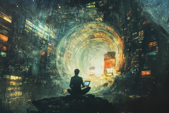 Exploring the intersection of technology and digital literacy in an urban landscape filled with vibrant lights and a futuristic portal